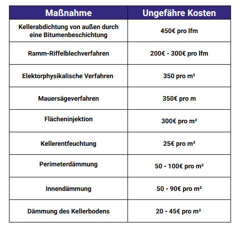 Kellersanierung Übersicht der Kosten